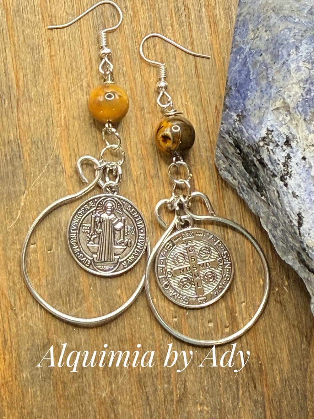 Alquimia Tiger Eye Bead Hoop Earrings with Silver Coin Charms — Golden and Brown